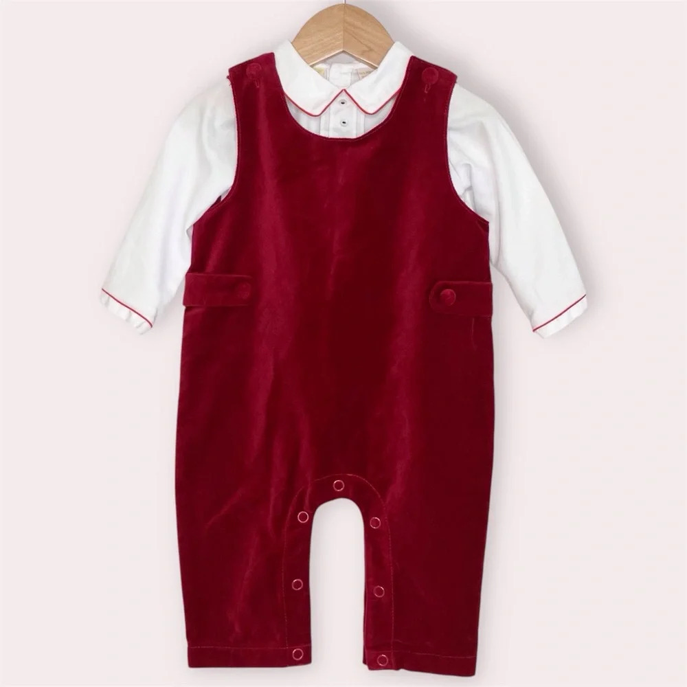 Carriage Boutique Jon Jon red velvet overalls w/ white shirt‎ Christmas 9 months
